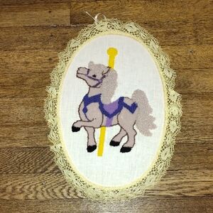 Carousel Horse Punch Needle With Lace And Backing Vintage Art